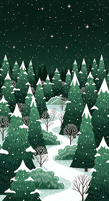 Deep Emerald Forest Winter Night Illustration with Snow Path - Free mobile Wallpaper