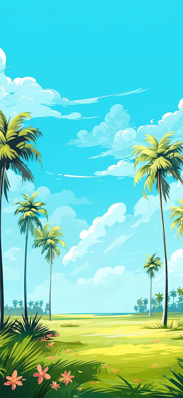 Tropical Summer Palm Tree Landscape - Digital Illustration 4K iPhone Wallpaper (2835x6144)