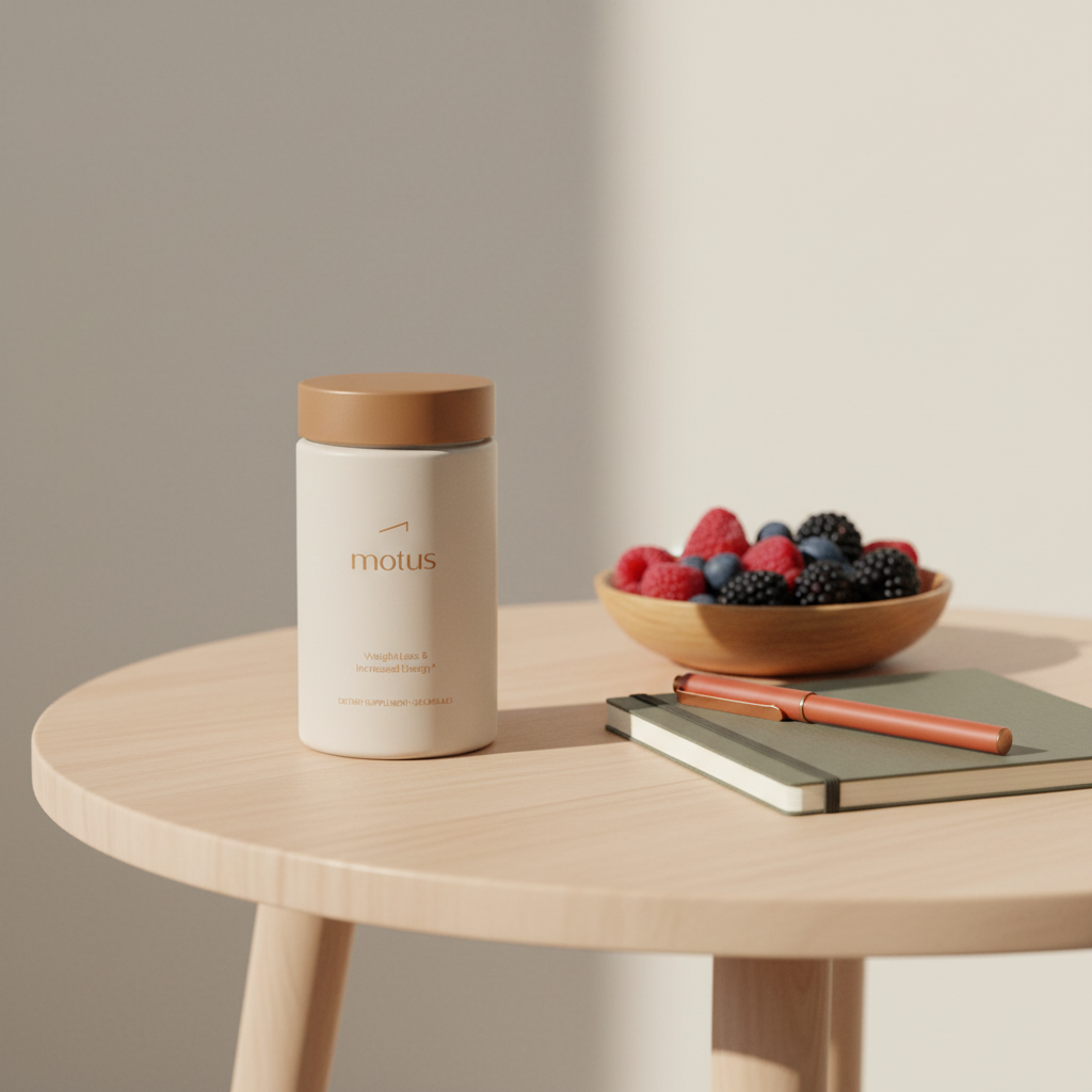 Minimalist still-life of Tonum Motus supplement bottle on a round wooden table with notepad and bowl of berries, natural side light, shallow depth of field, B-complex focus