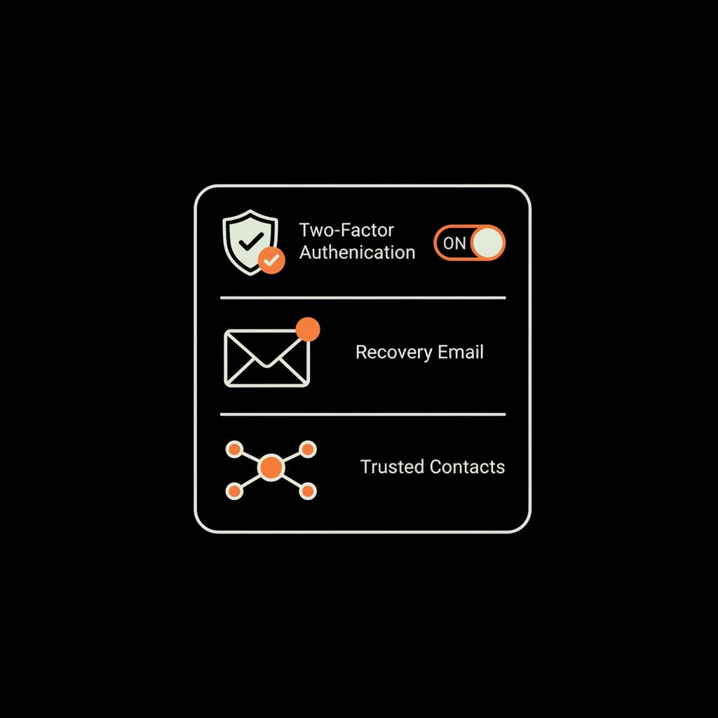 Flat vector infographic of secure account settings on black background showing 2FA toggle, recovery email icon, and trusted contacts nodes to recover a Facebook account