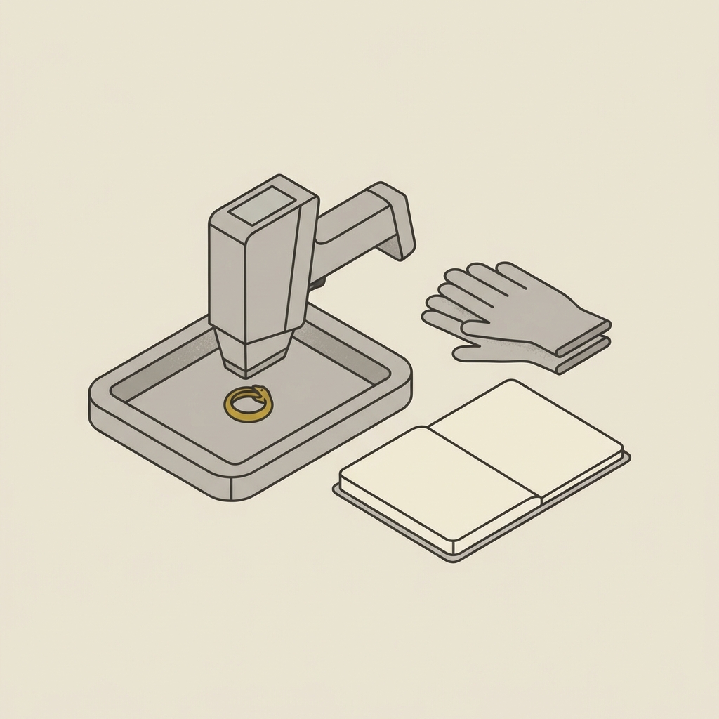 Minimalist 2D vector of a conservator workbench showing a gold ouroboros ring under an XRF probe with gloves and a notebook on a warm beige background