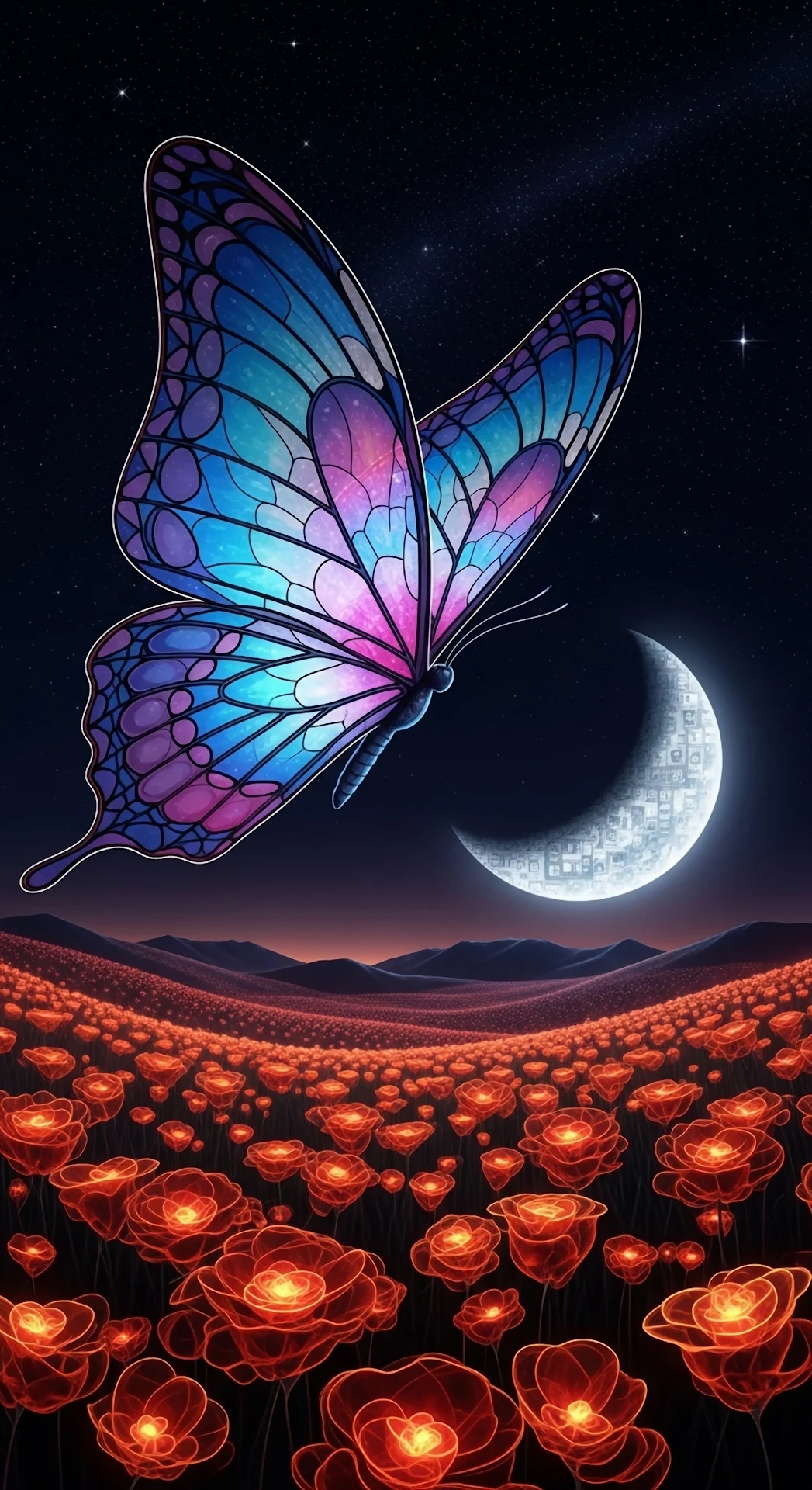 Stained Glass Butterfly Over Glowing Night Flower Field - Free 4K mobile Wallpaper