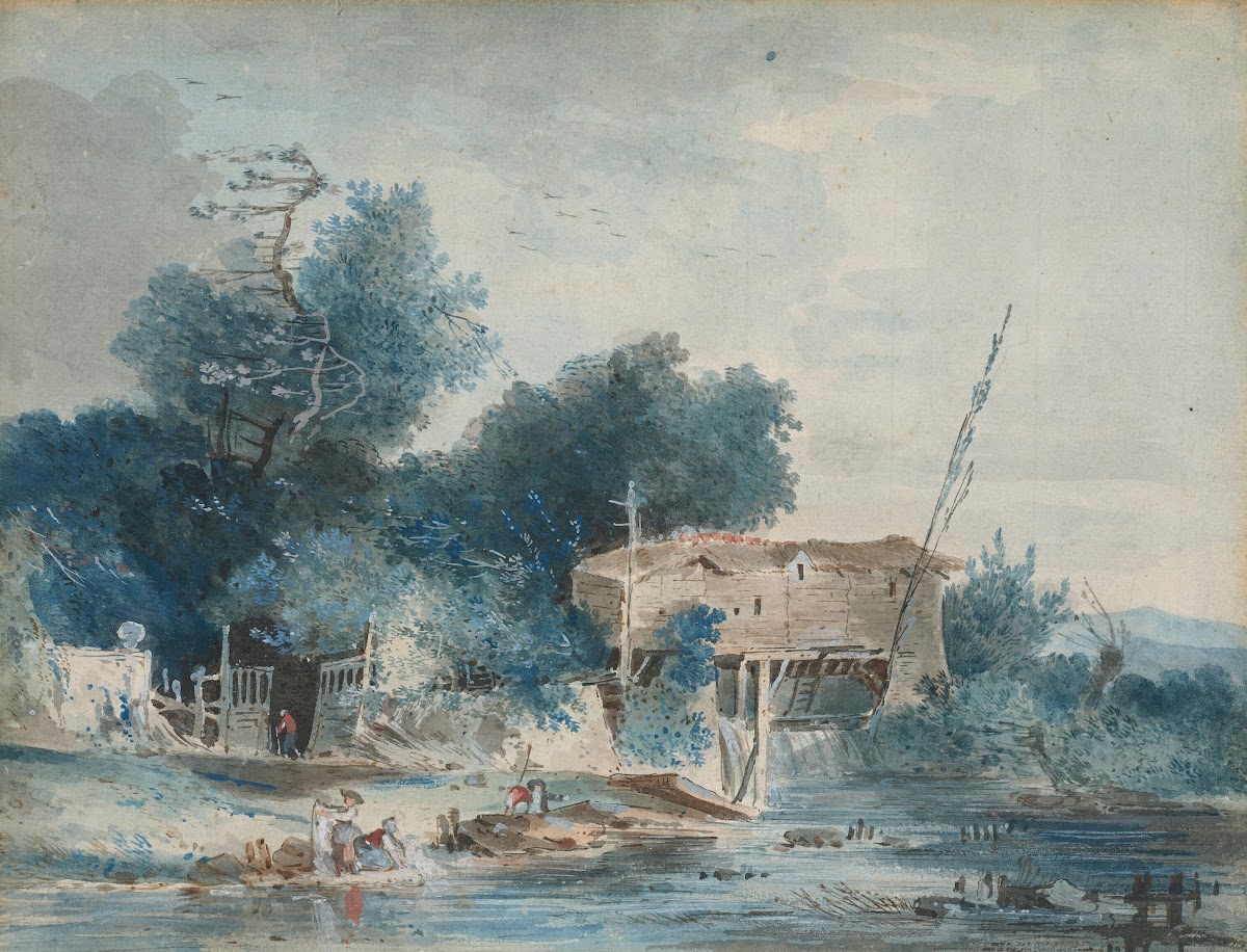A river landscape with washerwomen by a mill