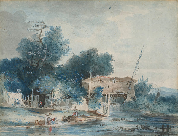 A river landscape with washerwomen by a mill