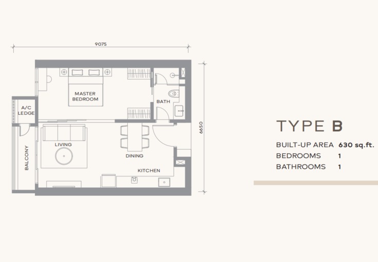 Khaya Residence Type B floor plan — 789 sq ft, 2 bedrooms