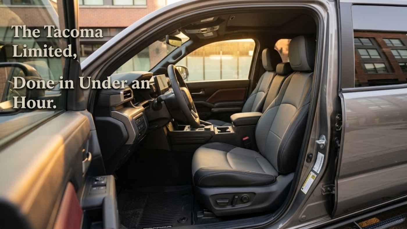 Custom-style eco-leather seat cover colour matched to the hickory interior of a 2027 Toyota Tacoma Limited