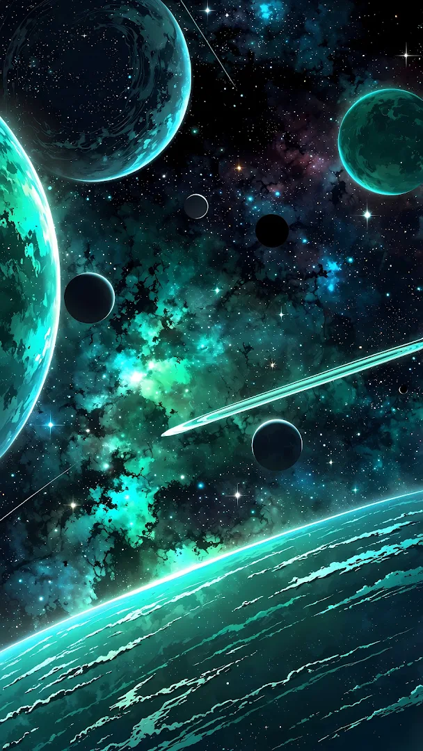 Vibrant Teal and Green Space Nebula with Planets