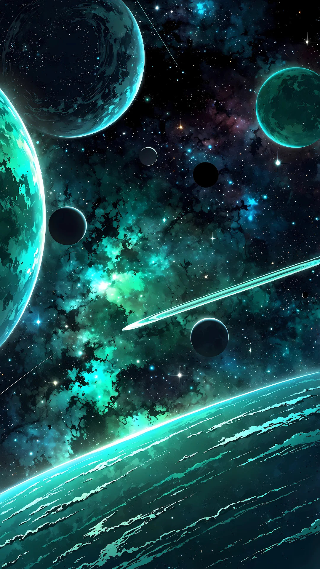 Vibrant Teal and Green Space Nebula with Planets - Free 4K mobile Wallpaper