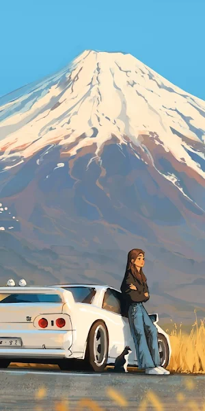Mount Fuji, Jdm Car, Anime, Cherry Blossoms 8K Wallpaper Background