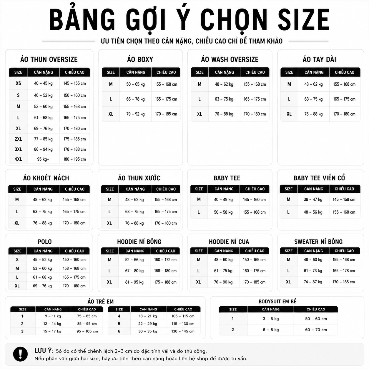 Bảng gợi ý chọn size
