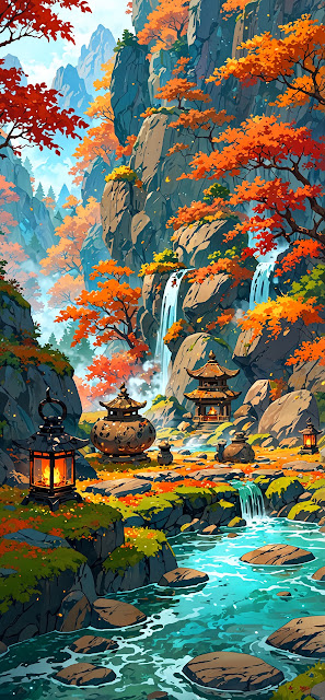 Autumn Waterfall Temple in Mountain Valley - Free mobile Wallpaper