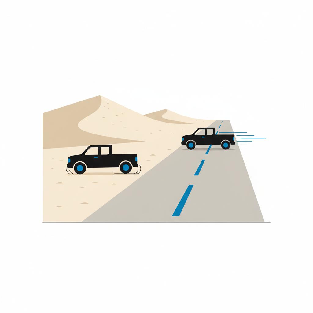 Minimalist 2D vector split scene showing one Ford F150 Raptor in desert sand and another on open pavement demonstrating offroad and onroad strengths ford f150 raptor for sale