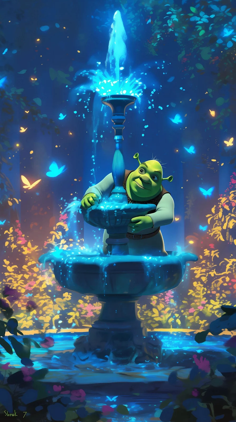 Shrek at the Magical Fountain - Fantasy Digital Art 4K iPhone Wallpaper (2240x4000)