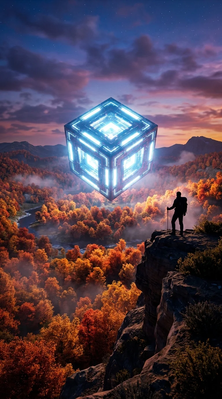 Surreal Forest Scene with Glowing Cube and Hiker Silhouette - Free 8K and 4K mobile Wallpaper Background