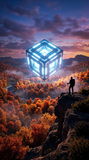 Surreal Forest Scene with Glowing Cube and Hiker Silhouette - Free mobile Wallpaper