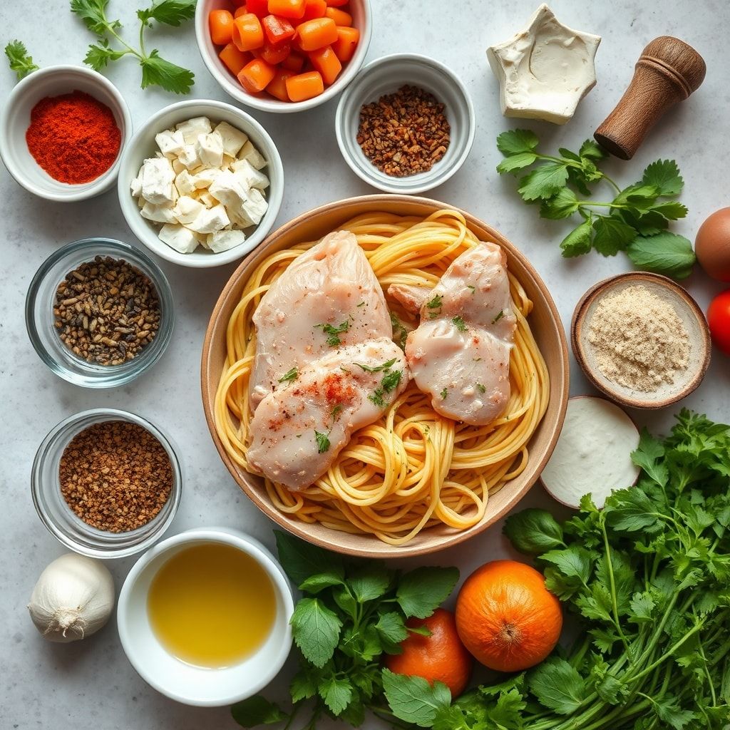 Ingredients for Easy Chicken Feta Greek Pasta Recipe for Dinner (30-Minute Meal)