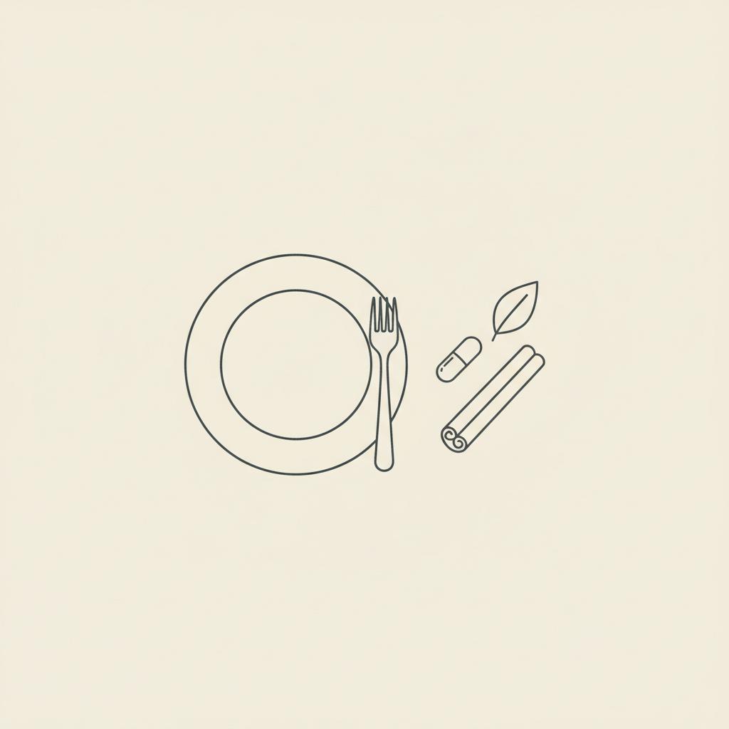 Minimal Tonum-style line illustration of a plate with a fork, small capsule, cinnamon stick and leaf on beige background to reduce sugar craving.