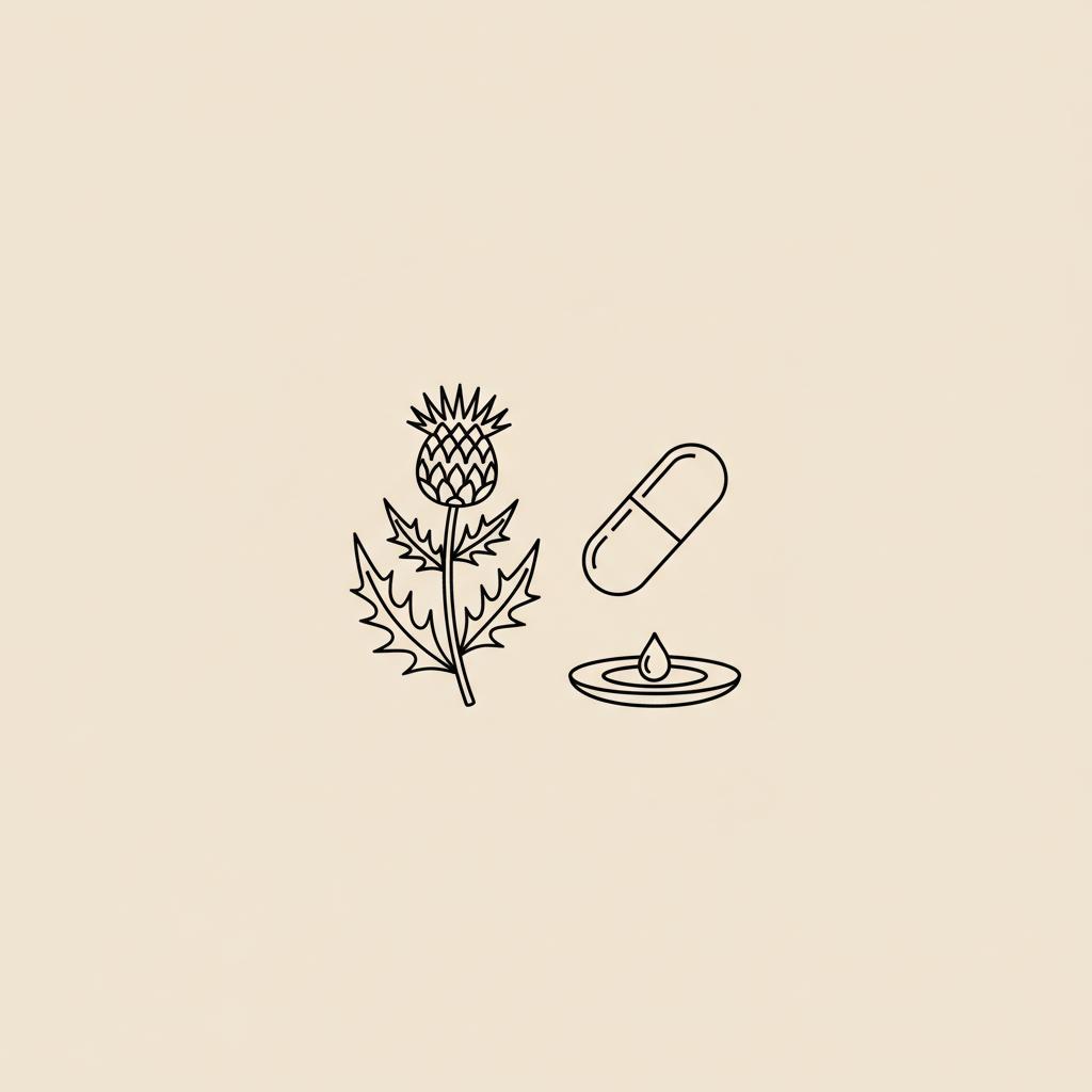 Minimalist vector line illustration of a milk thistle flower, a capsule, and a plate with an olive oil droplet on beige background — when to take nature craft liver support