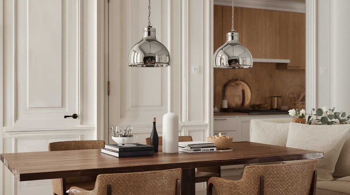 How to Pair Chrome Pendant Lights With a Warm Wood Dining Table - chrome side table beside walnut furniture in a living room