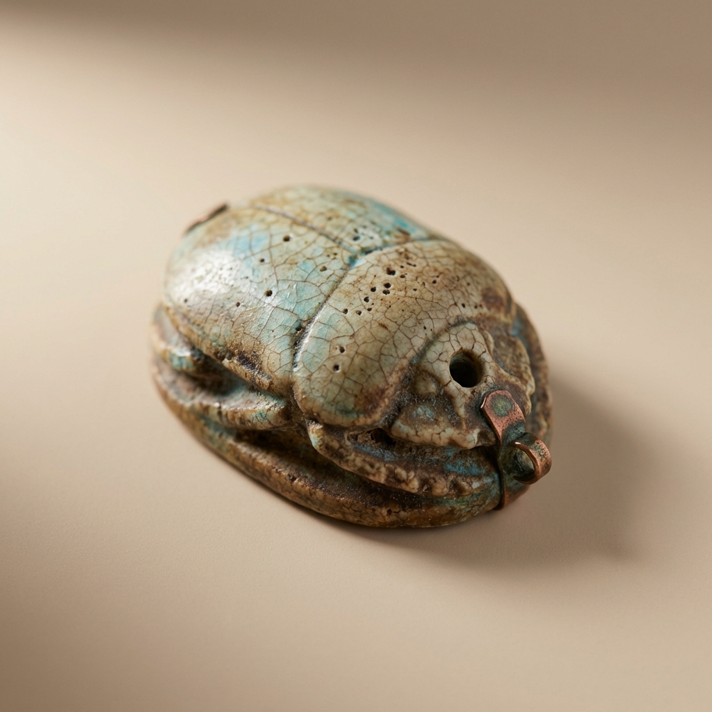 Close macro of glazed faience scarab bezel showing glaze crazing and drilled attachment point on soft warm background #ede7da ancient egyptian scarab ring price