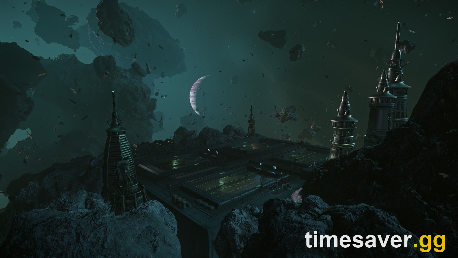 Wikelo Emporium Selo Station spires and landing pads near Yela in Star Citizen