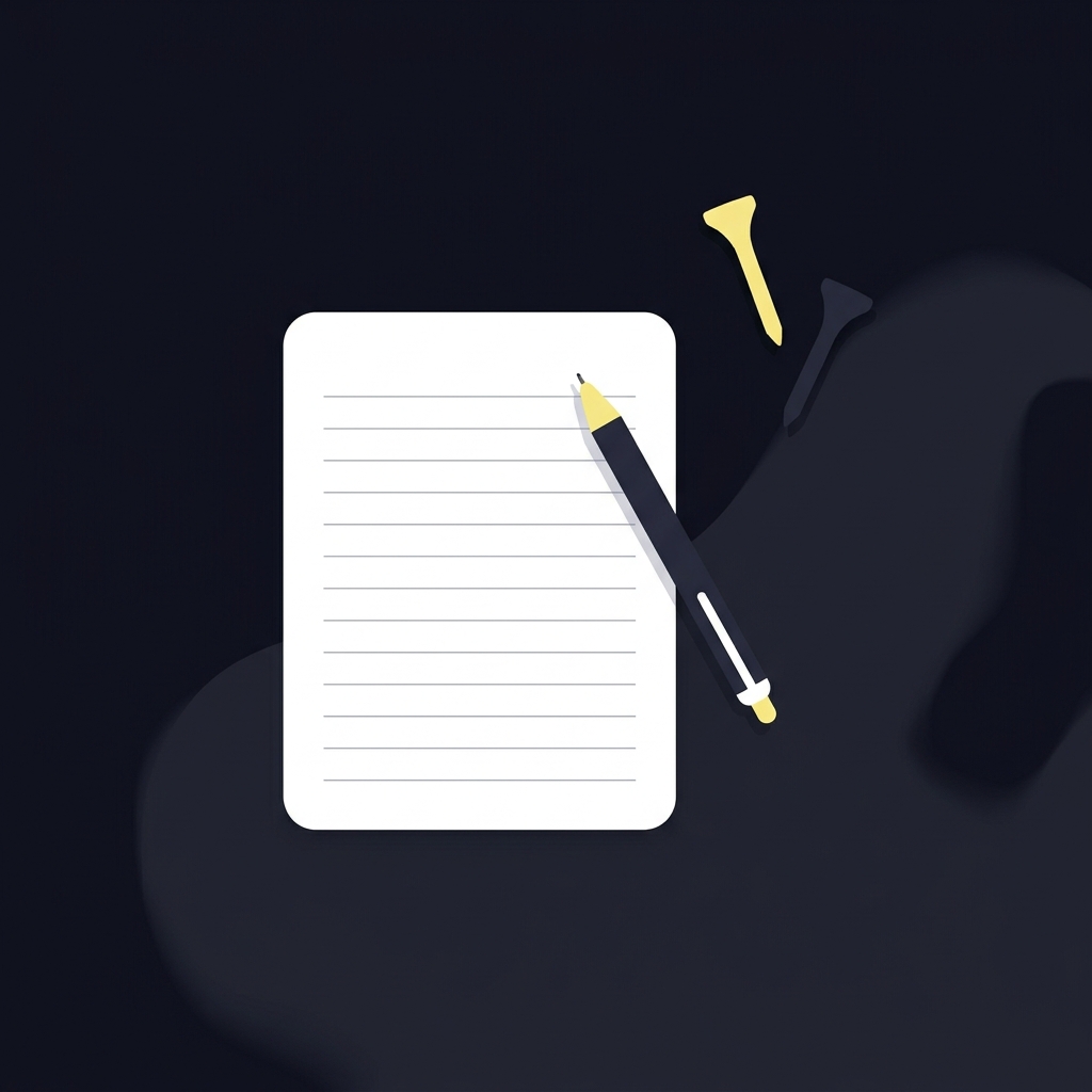 Minimal 2D vector of a trade journal on paper beside two golf tees and a pen on a dark Funded Plays style background for Trading Head-to-Head Golfer Matchups