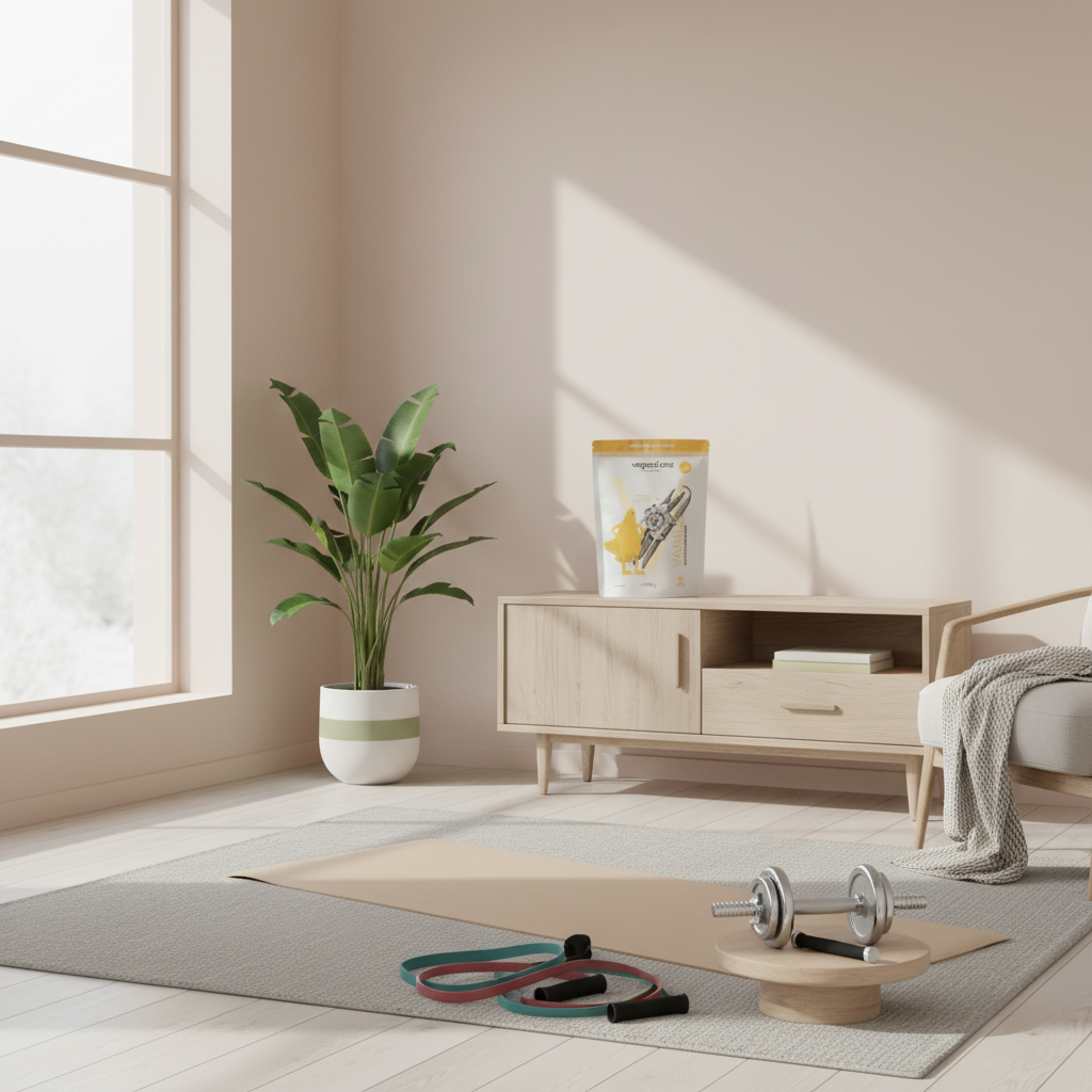 Minimalistisches skandinavisches Wohnzimmer mit Yogamatte, Hanteln, Widerstandsbändern und Vegardians-Produkt – motivierende Home-Workout-Szene zum Fett an den Beinen verlieren