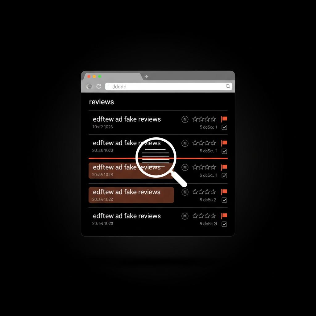 Minimal vector browser window highlighting fake reviews with magnifying glass and #dc5c2b accent highlights on a dark Social Success Hub theme.