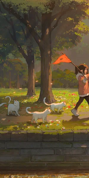 Hua Ming Wink, Original Characters, Illustration, Anime Girls, Cats 5K Wallpaper Background