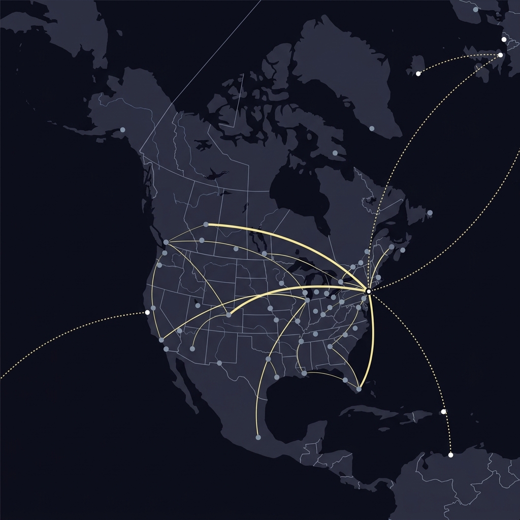 Minimal 2D vector map showing NFL travel routes with time zone changes and international game destinations in Funded Plays colors How Home-Field Advantage Has Changed in the NFL