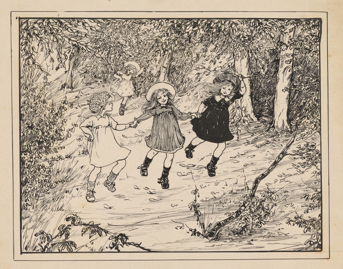 Drie rennende meisjes in een bos