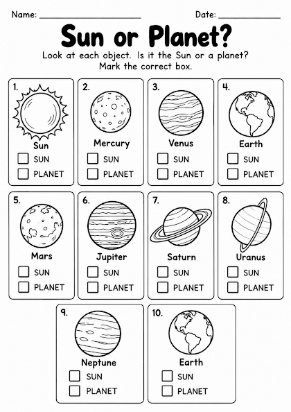 Sun or Planet Worksheet