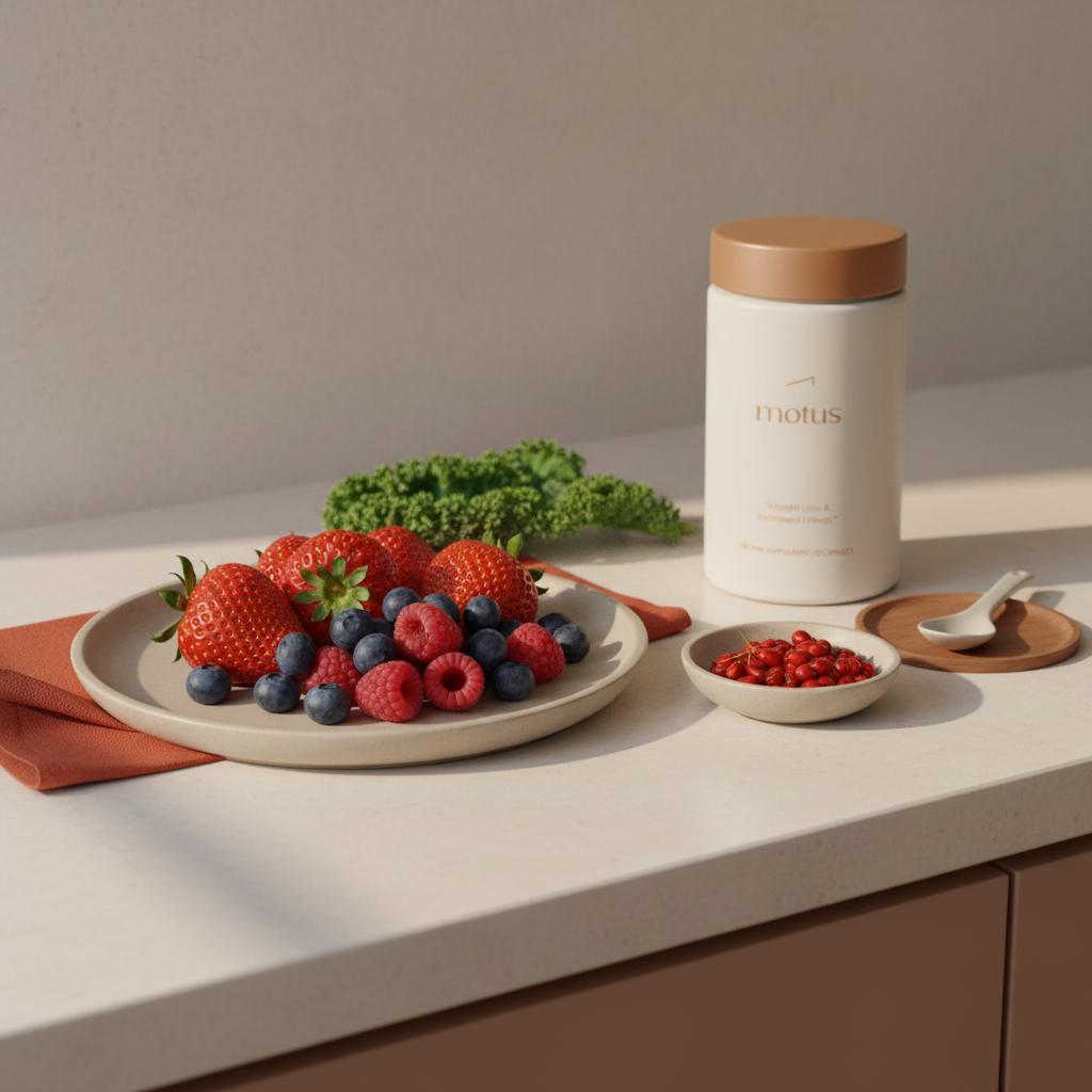 Minimal kitchen counter with mixed berries, barberries, kale sprig and Tonum Motus container; foods that activate AMPK in a minimalist, food-first composition.