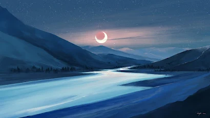 Bisbiswas, Artwork, River, Mountains, Eclipse  Full HD Wallpaper Background
