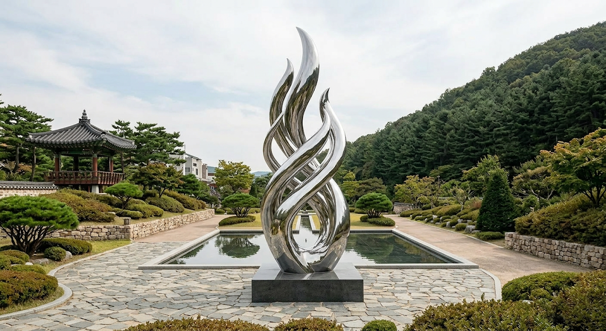학교 개교 기념 조형물 제작, 진입 광장 중앙에 세운 스테인리스 상징 조형물 — 하오팩토리가 디자인 시안부터 기초공사·설치까지 진행한 제작 사례
