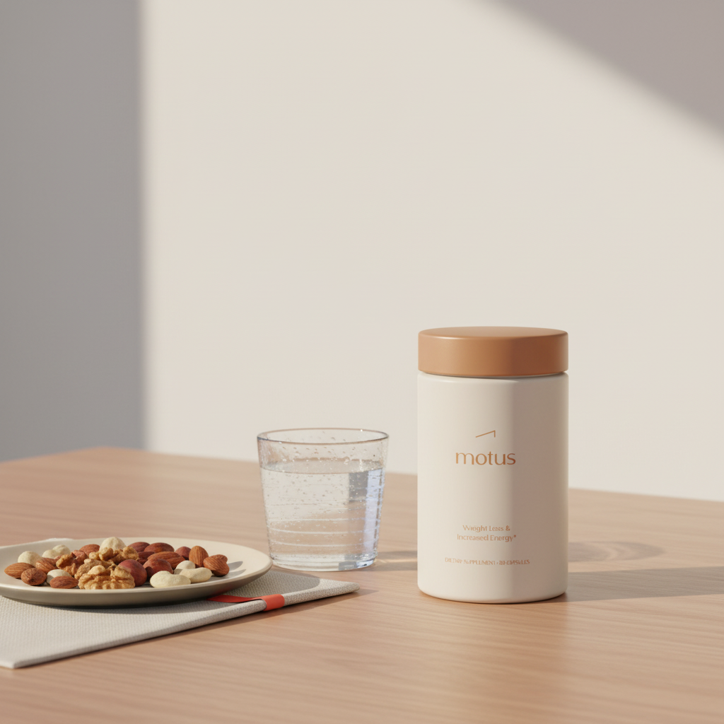 Minimalist kitchen tabletop still life with Tonum Motus jar beside a small plate of mixed nuts and a glass of water, illustrating weight loss for women over 50.