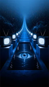 Dreamcore Liminal Sky Blue Corridor with Glowing Retro CRT TVs