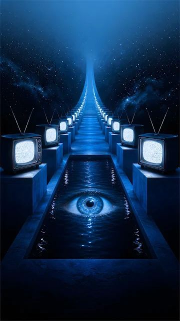 Dreamcore Liminal Sky Blue Corridor with Glowing Retro CRT TVs