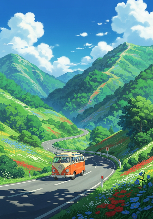 Anime Style Bus Mountain Road