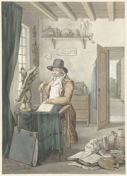 Portret van de kunstenaar Jacob Smies in een atelier met kunstvoorwerpen 1795