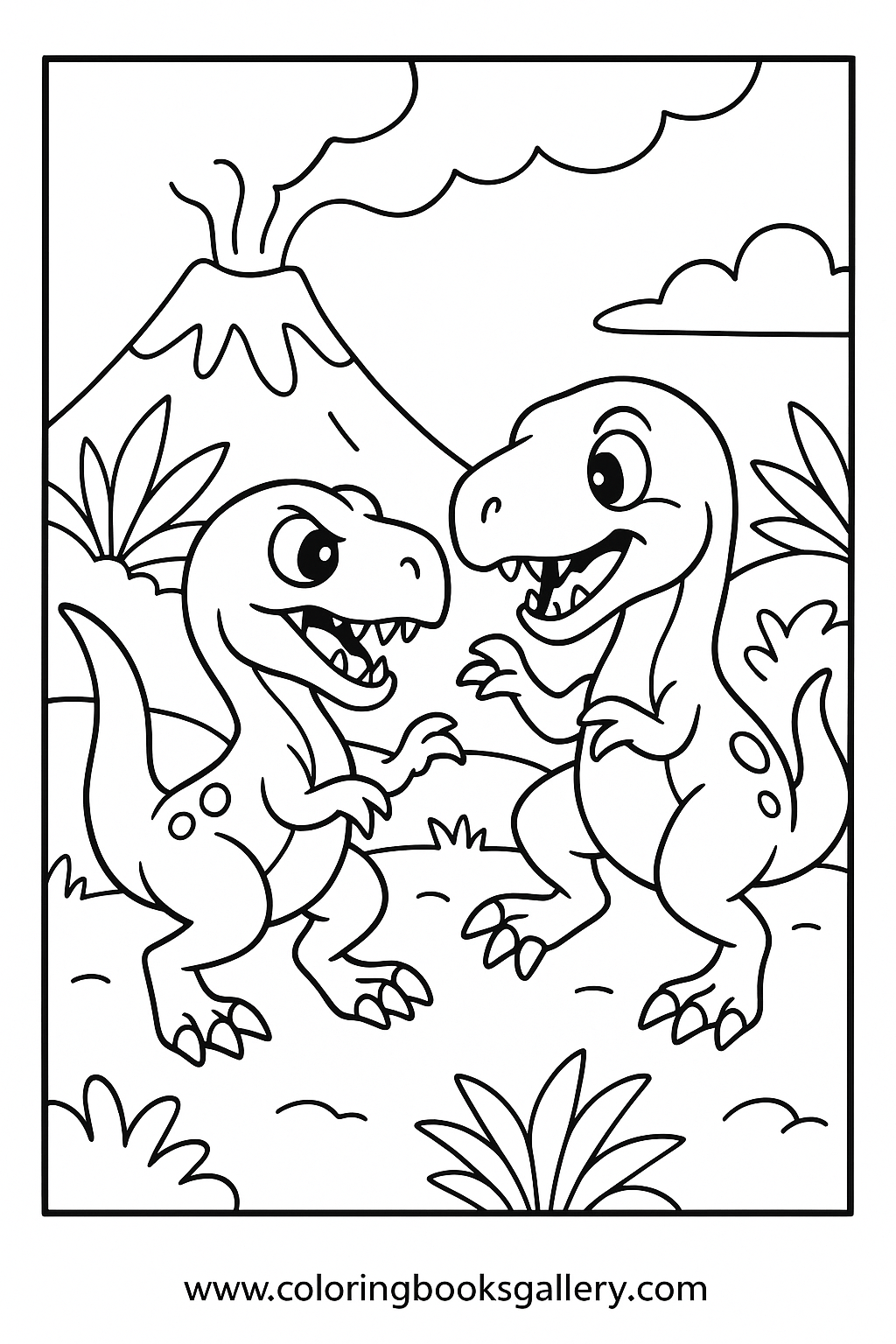 Coloring Adventures: Cartoon Velociraptor Fighting Another Dinosaur Coloring Page for Toddlers – free coloring page for kids