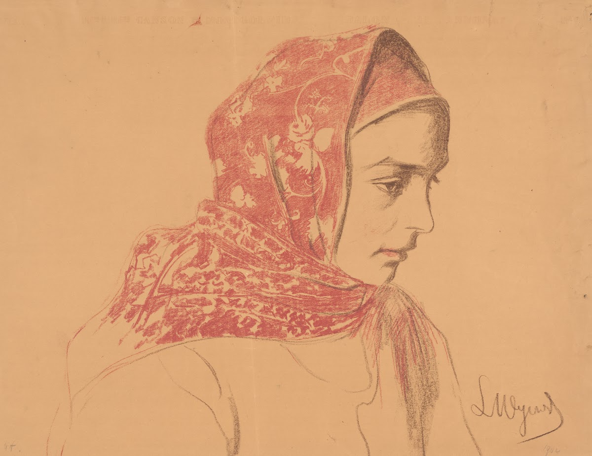 Bust of a Cracow girl in a red scarf profile 1902