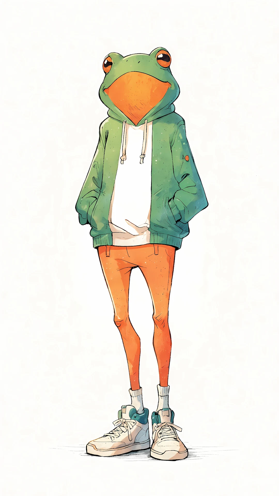 Anthropomorphic Frog Character in Green Hoodie and Sneakers - Free 4K mobile Wallpaper