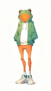 Anthropomorphic Frog Character in Green Hoodie and Sneakers