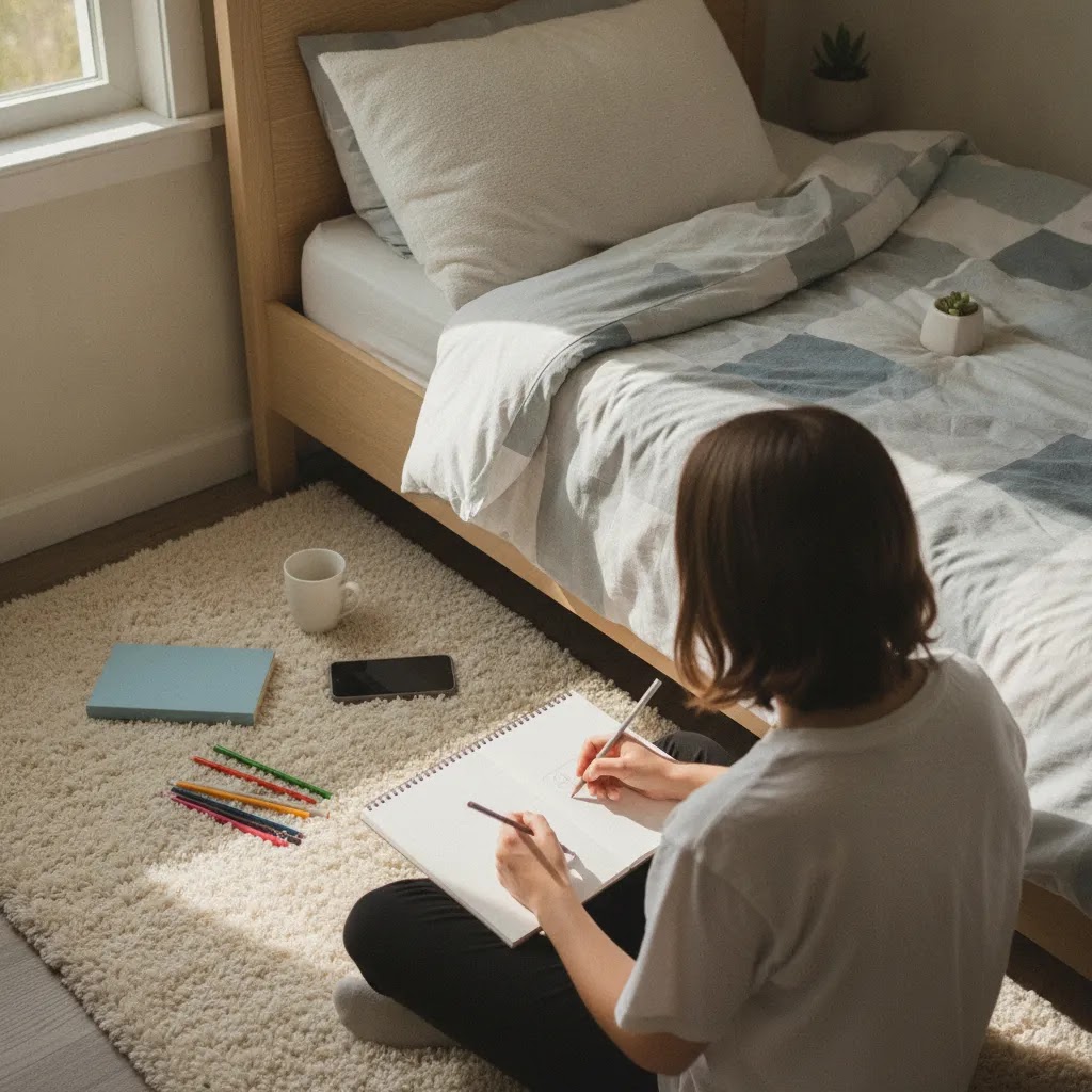 Mental health apps for teenagers illustrated through a private creative routine with sketching and quiet phone use