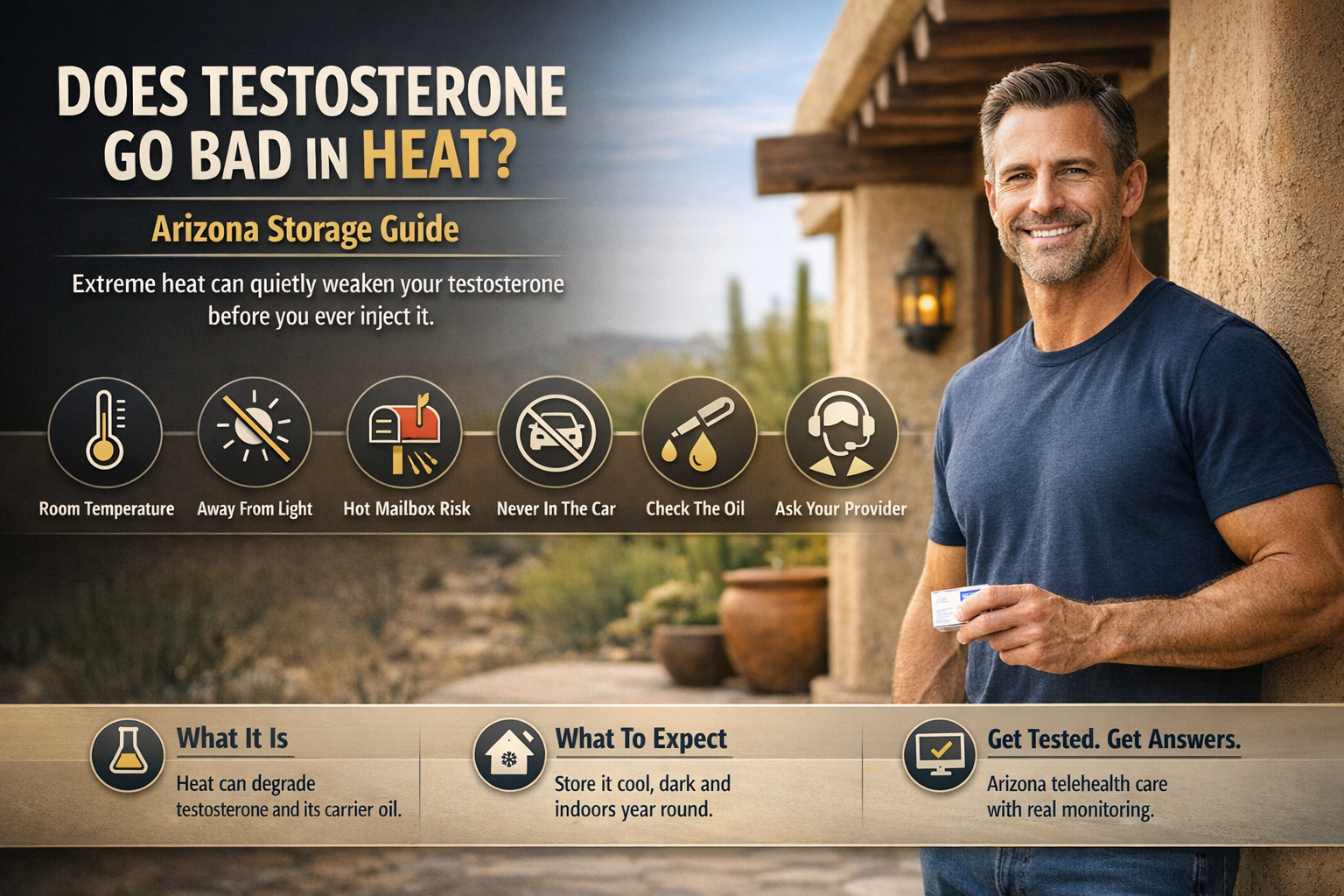 Does Testosterone Go Bad in Heat? Storing TRT in Arizona — AZTRT Arizona TRT clinic blog cover showing a man holding a delivered medication package outside a sunlit desert home