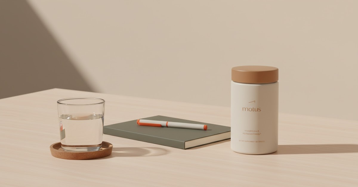 Minimalist Tonum supplement jar beside notebook and glass of water on light wooden table, calm clinical scene illustrating side effects of taking ketones