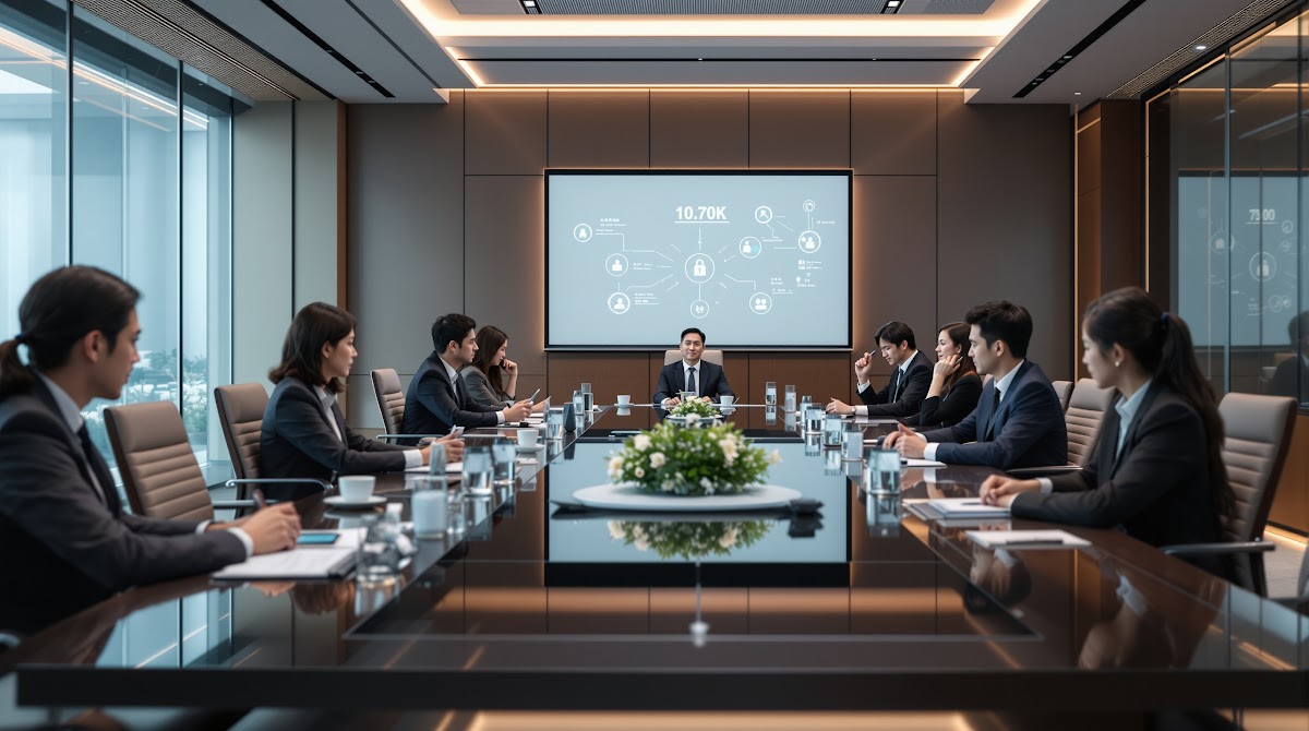 2025년 금융기관의 망분리 환경에서 AI 폐쇄망통역 솔루션을 도입하여 안전하게 다국어 회의를 진행하는 상황. 참가자들이 보안 인증을 거쳐 전용 장치로 통역 서비스를 이용하는 모습