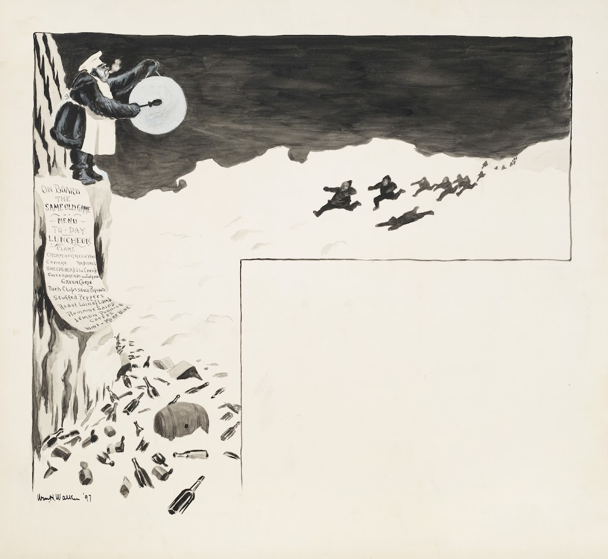 A group of figures dressed warmly run across the snow summoned by a man announci