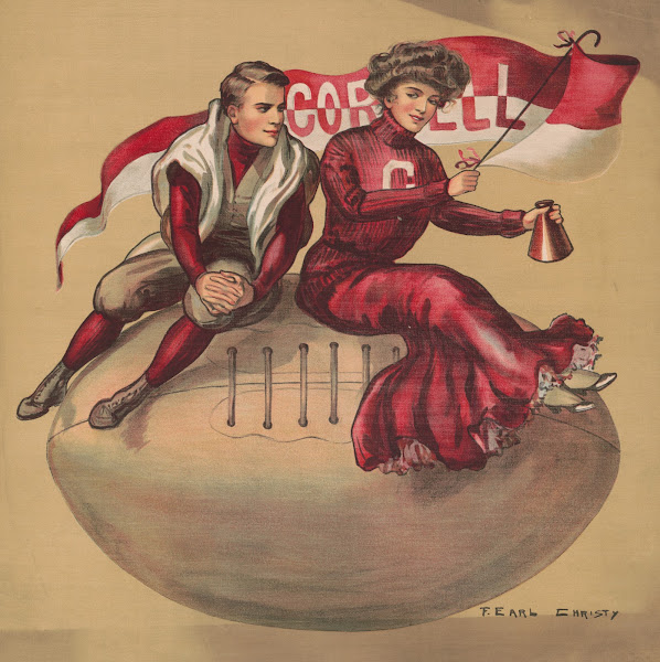 Football player and cheerleader sitting on giant football with Cornell flag 1907